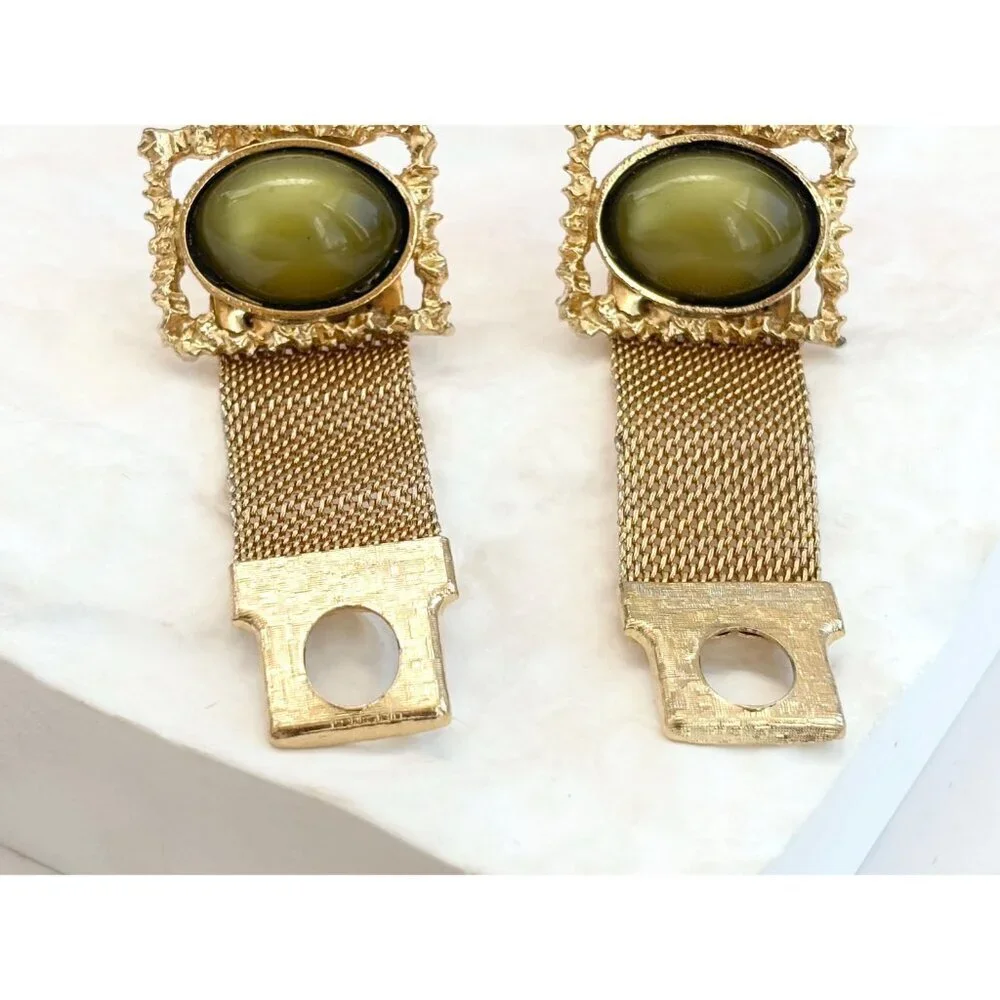Green Thermoset Midcentury Mesh Wrap Gold Toned Square Vintage Cufflinks
